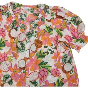 Rose+Olive Sz S Blouse Top Tropical Fruit Floral Puff Sleeve Resort Cruise
